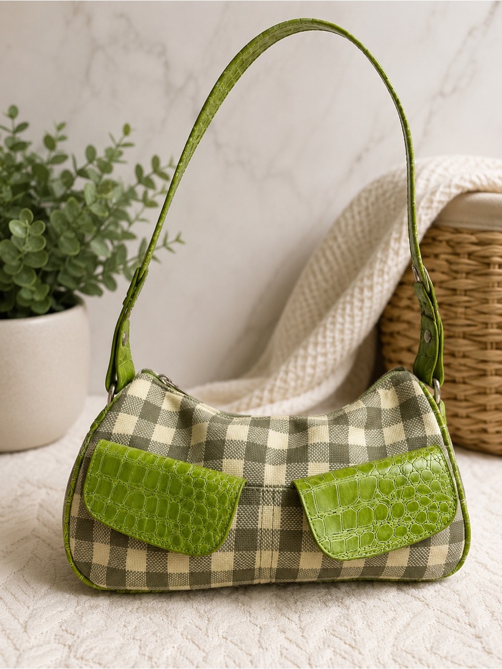Green Plaid Shoulder Bag with Croc Accent